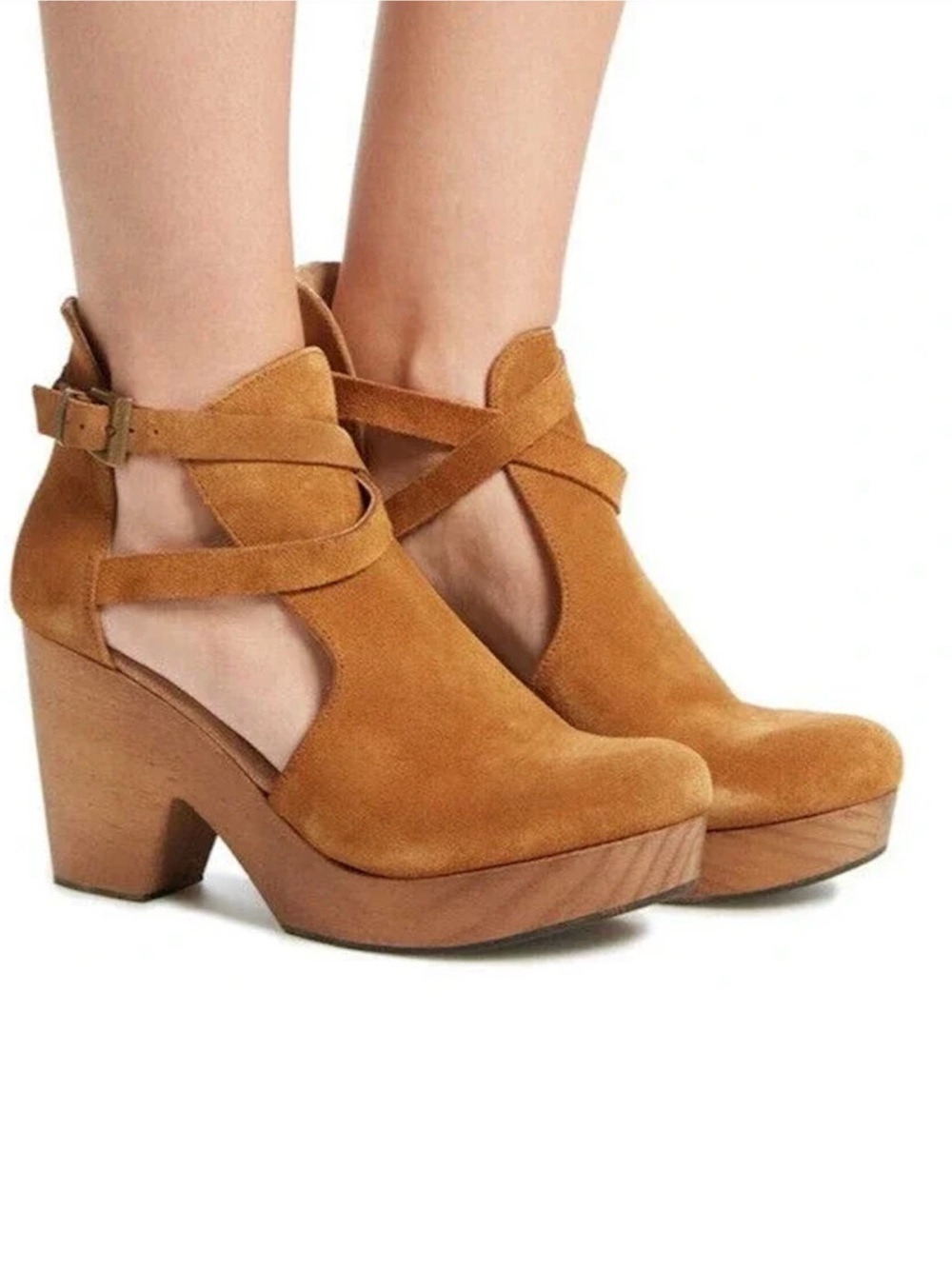 Free People Cedar Clog Platform Heels Taupe Suede Wooden Clogs EU 38 US 7.5–8